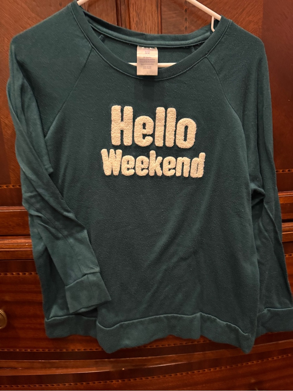 Secret Treasures Dark Green Crewneck Sweatshirt with Cream Chenille Text - Picture 2 of 4